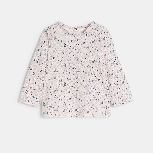 تي شيرت قطن واسع مضلع بطبعة الزهور باللون البنفسجي للفتيات الصغيرات